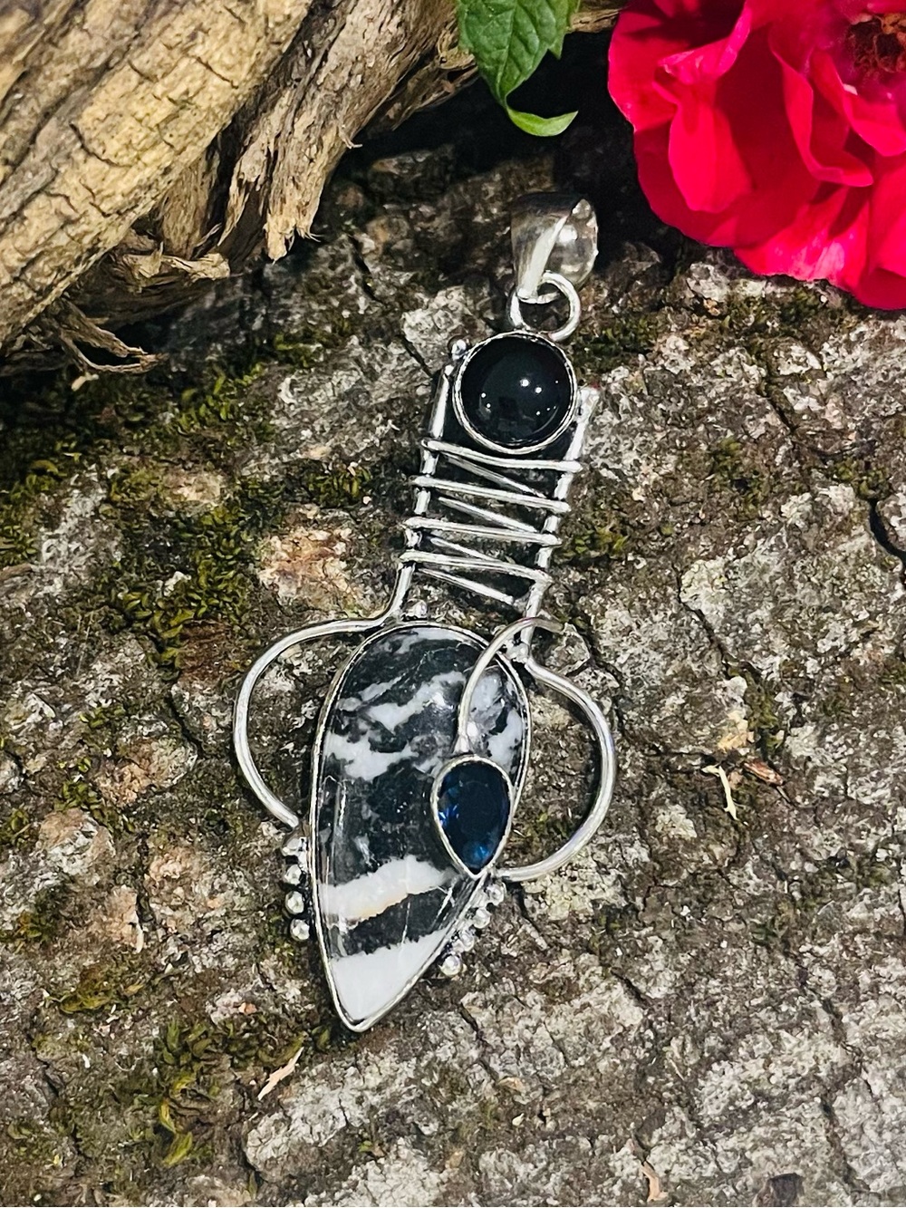 Buffalo Turquoise Black Onyx Tanzanite 925 Sterling Silver Pendant